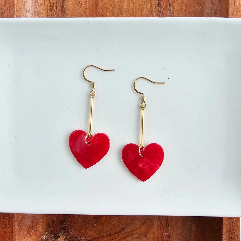 New Red and Gold Heart Drop Earrings | Hypoallergenic | Lightweight